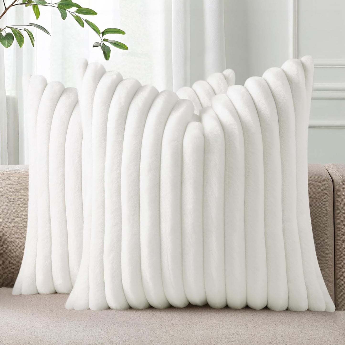 Pallene Faux Fur Plush Throw Pillow Covers 18x18 Set of 2, Luxury Soft Fluffy Striped Decorative Pillow Covers for Sofa, Couch, Living Room, Cream White
