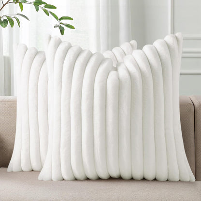 Pallene Faux Fur Plush Throw Pillow Covers 18x18 Set of 2, Luxury Soft Fluffy Striped Decorative Pillow Covers for Sofa, Couch, Living Room, Cream White