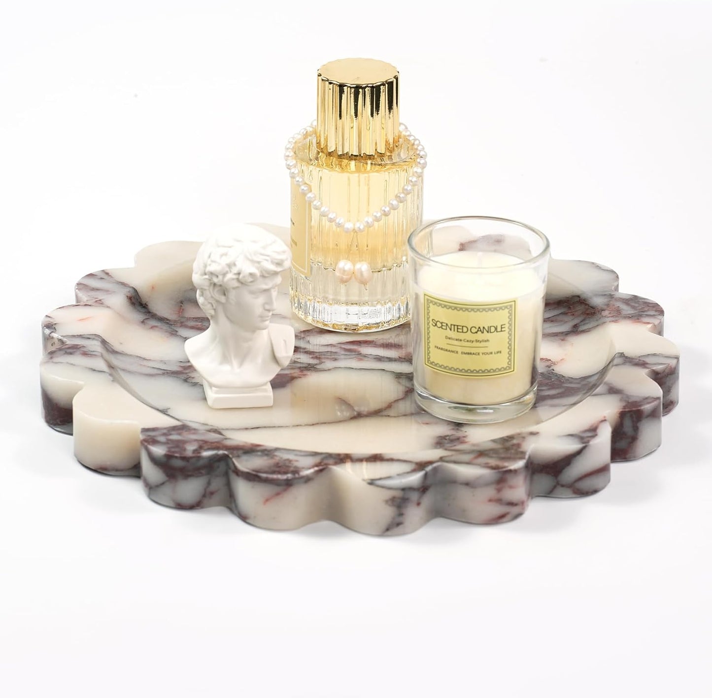 Marble Perfume Tray with Legs - Oval Decorative Stone Pedestal for Bathroom Vanity Coffee Table Kitchen Countertop, Footed Jewelry Candle Organizers Catchall Plate Riser with Scalloped Feet
