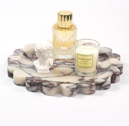 Marble Perfume Tray with Legs - Oval Decorative Stone Pedestal for Bathroom Vanity Coffee Table Kitchen Countertop, Footed Jewelry Candle Organizers Catchall Plate Riser with Scalloped Feet