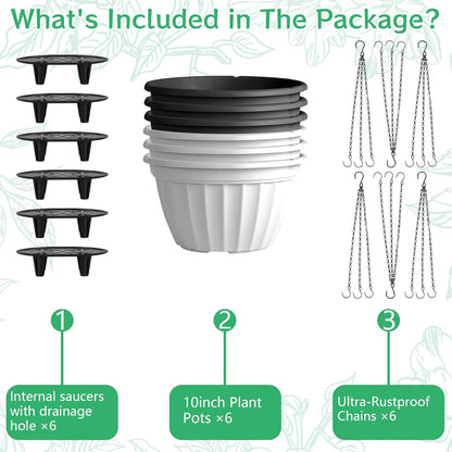FGstyle Hanging Planters 10 Inch, 4 Pcs Self Watering Pots for Indoor Plants,Plastic Hanging Basket with Soil Elevator and 20" Chain for Home Garden Porch Balcony Patio Decor(Black)