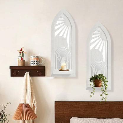 Wood Wall Sconce Candle Holder Set 2, Rustic Wall-Mount Candle Holders, Farmhouse Hanging Wall Décor, Carved Wood Frame, Mirrored Candle Holder (Distressed White)