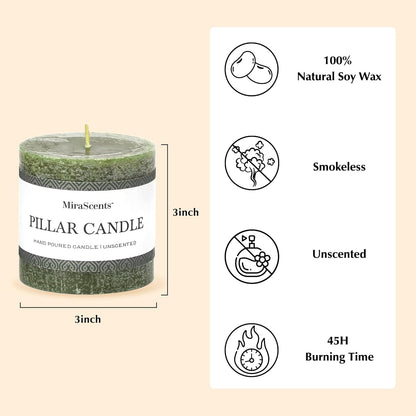3x6 Inch Sage Green Pillar Candles Set of 3 - Unscented Spring, Long Clean Burning, Large Smokeless Dripless for Home Decor, Dinner Table, Bathroom, Rustic Decor
