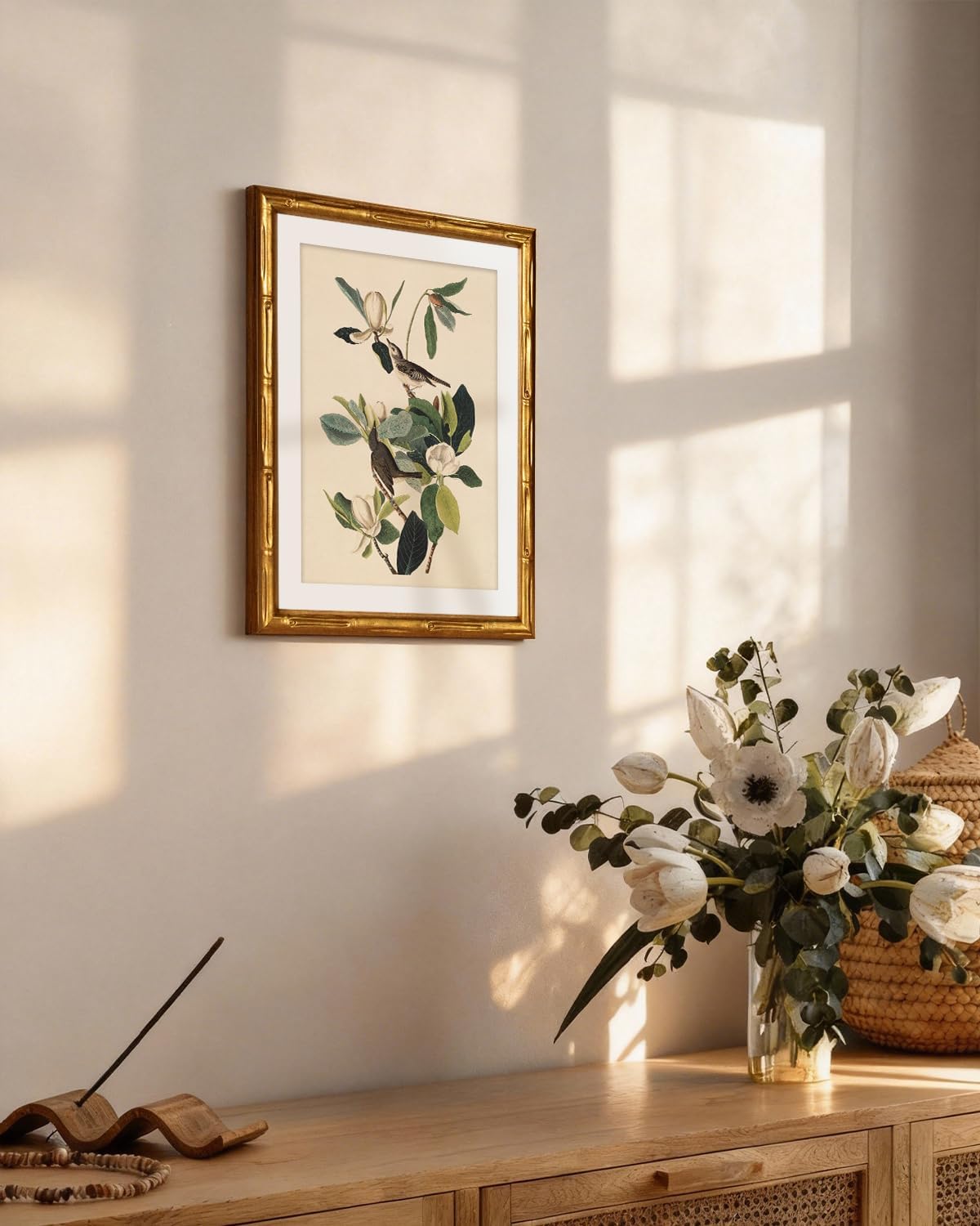 InSimSea Gold Bamboo Framed Canvas Wall Art, Retro Blue Hydrangea Botanical Prints, Antique Flowers Picture Frame with Mat, Victorian Home Wall Decor for Kitchen Living Room Bedroom, 11x14inch