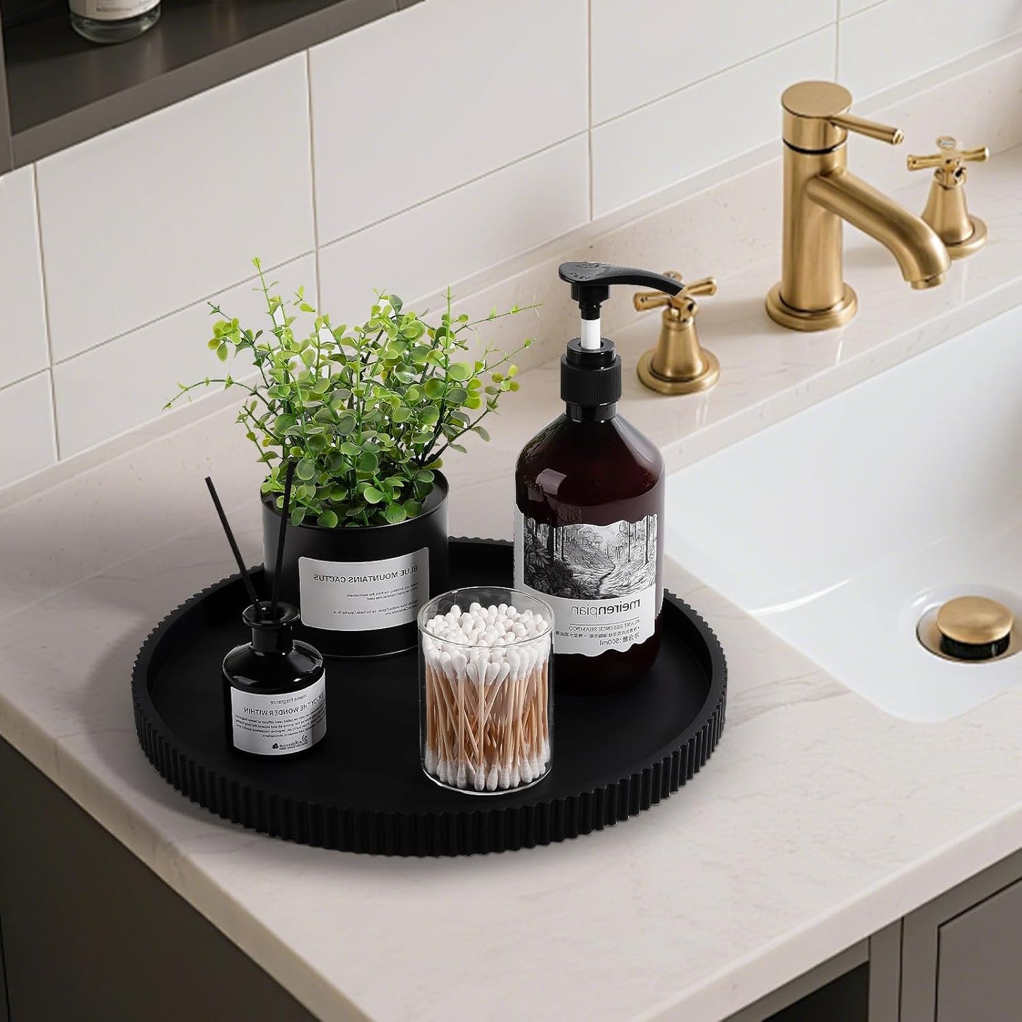 Silicone Bathroom Tray Round Kitchen Counter Organizer Decorative Vanity Accessories Coffee Table Decor for Perfume, Candle, Soap Dish, 9 Inch, Black