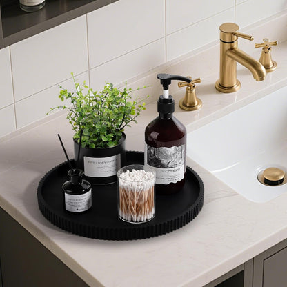 Silicone Bathroom Tray Round Kitchen Counter Organizer Decorative Vanity Accessories Coffee Table Decor for Perfume, Candle, Soap Dish, 9 Inch, Black