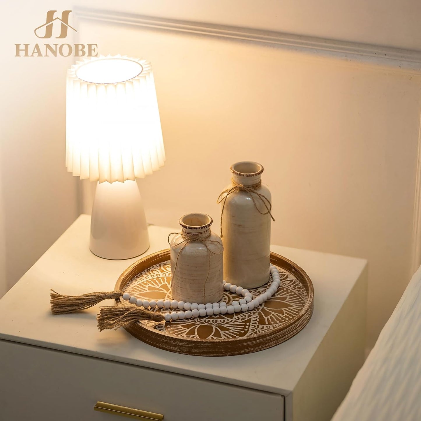 Hanobe Decorative Serving Tray Round: Farmhouse Coffee Table Decor Boho White Mandala Trays for Living Room Kitchen Bathroom Display