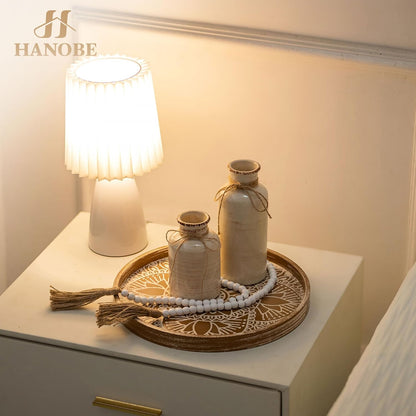 Hanobe Decorative Serving Tray Round: Farmhouse Coffee Table Decor Boho White Mandala Trays for Living Room Kitchen Bathroom Display