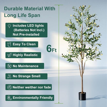 Olive Tree, 6FT Tall Faux Olive Tree with Moss and Planter, Olive Trees Artificial Indoor with Realistic Wood Trunk and Lifelike Fruits, Fake Olive Tree for Home Office Living Room Decor