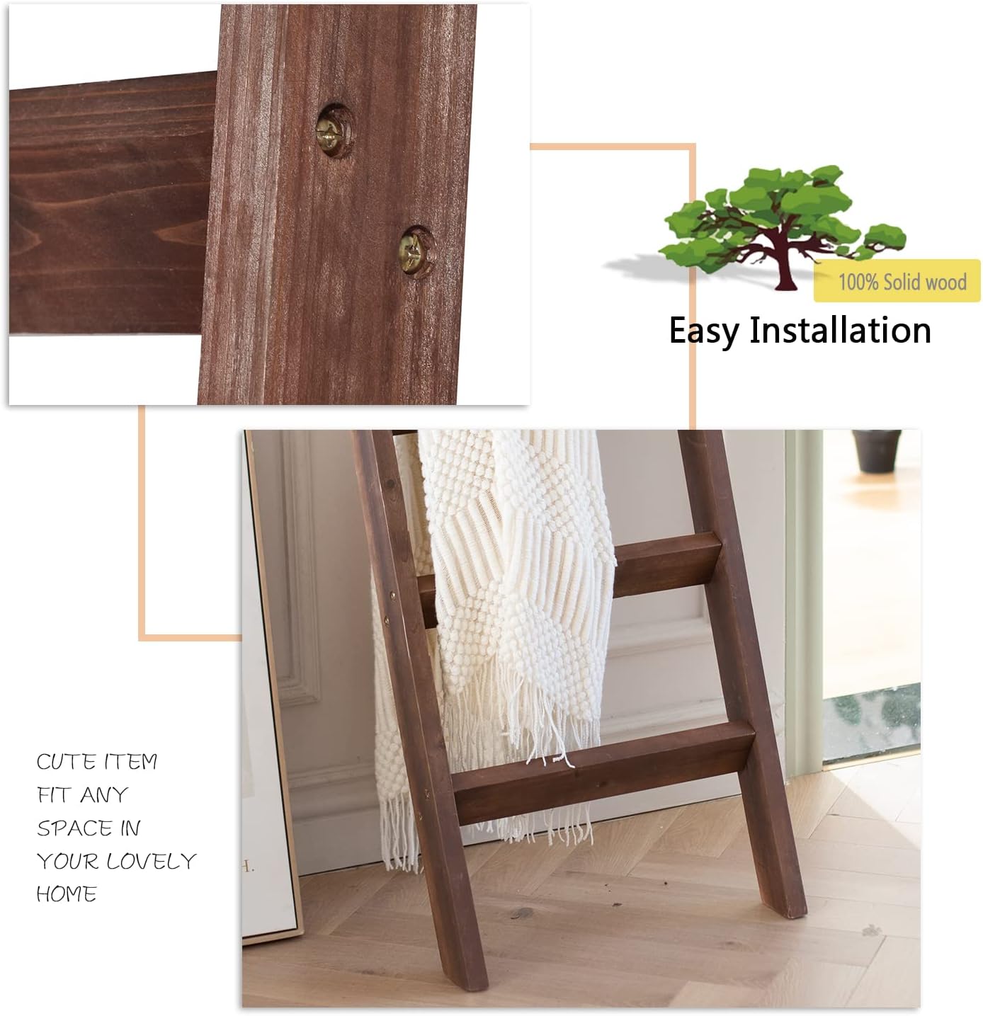 FUIN 5ft (58") Wood Blanket Ladder Living Room Decorative Wall Leaning Farmhouse Quilt Display Holder Storage Rustic Wooden Towel Rack for Bathroom, Brown