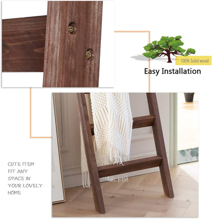FUIN 5ft (58") Wood Blanket Ladder Living Room Decorative Wall Leaning Farmhouse Quilt Display Holder Storage Rustic Wooden Towel Rack for Bathroom, Brown