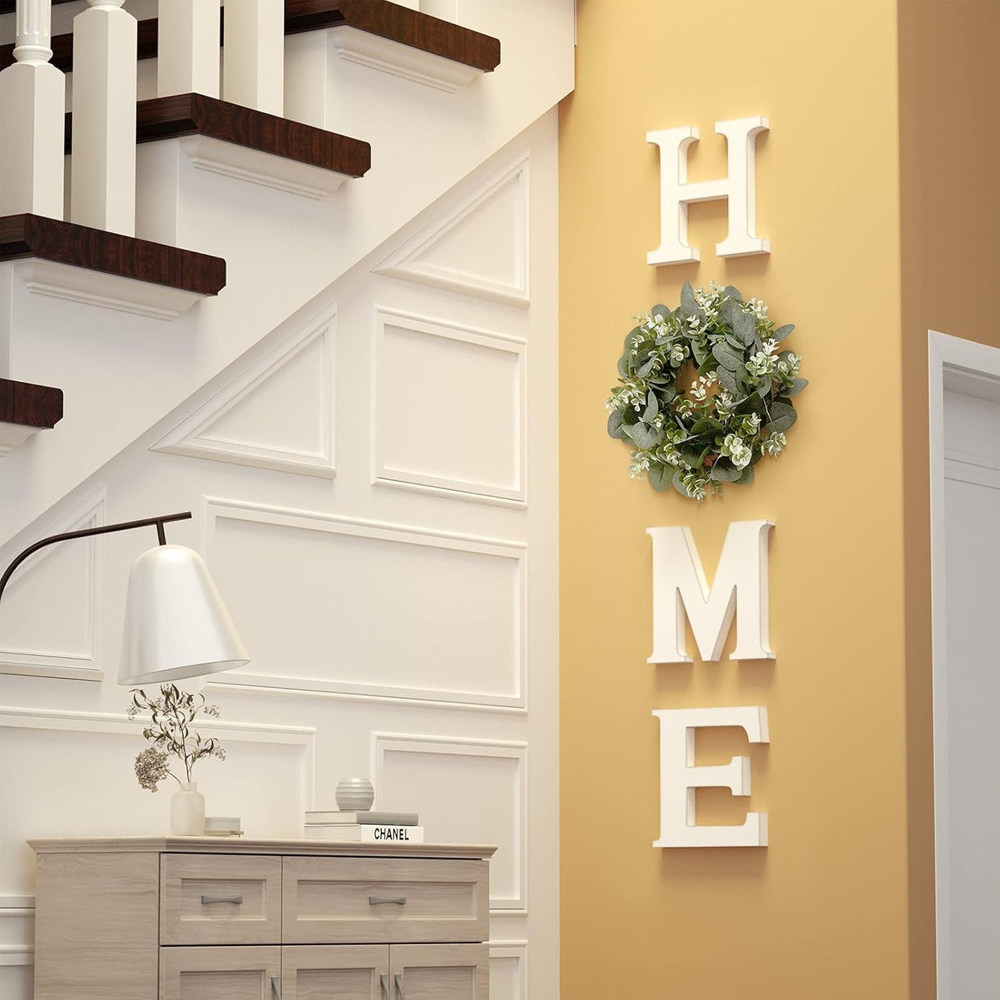 MAYICIVO Modern Wooden Home Sign with Artificial Eucalyptus Wreath, White and Beige, 13.81 inches Diameter, Wall Mount, MDF Wood, Plastic