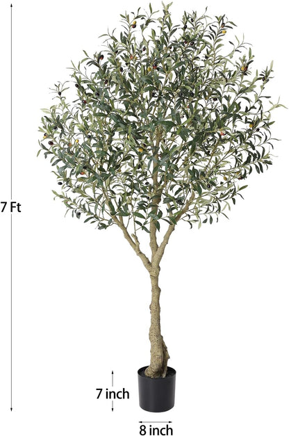 LOMANTO Olive Trees Artificial Indoor, 7Ft Artificial Olive Plants, Tall Faux Olive Tree, Fake Topiary Silk Tree in Pot with Olive Branch & Fruit, Home Office Modern Decor Gift for Housewarming 1Pack