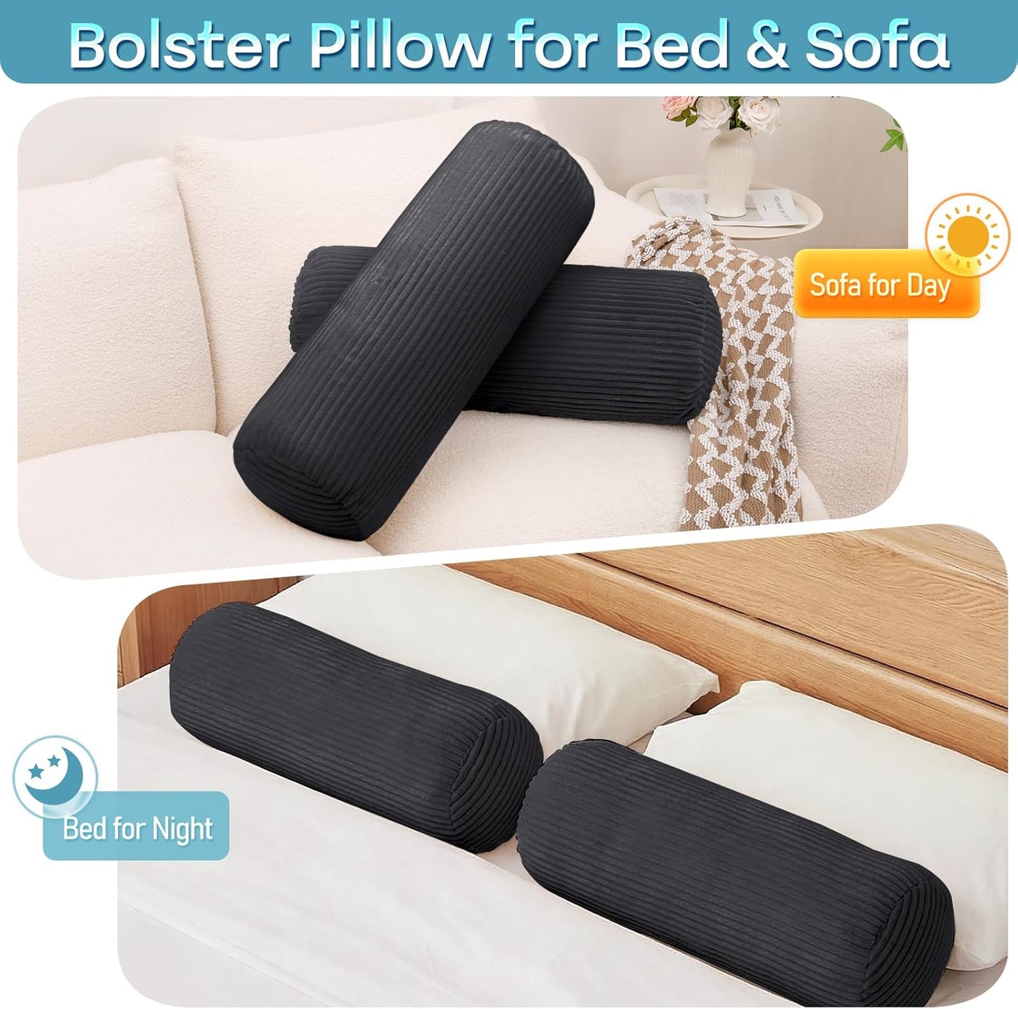 1 MIDDLE ONE Body Pillow, Memory Foam Body Pillows for Adults Sleeping, Decorative Bolster Pillow for Bed & Couch, Long Cylinder Tube Round Pillow, 24x7.87 Inches, Set of 2 (Light Grey)