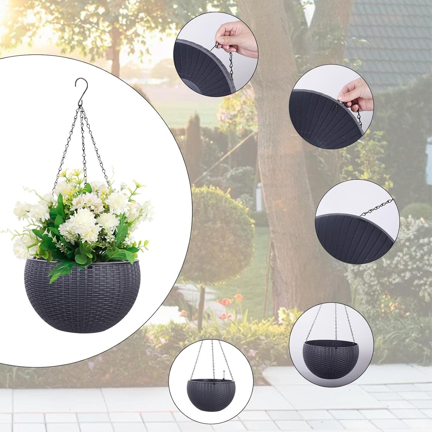 Vencer 11 Inch Round Resin Rattan Hanging Planters,Self Watering Hanging Basket for Indoor Outdoor Plants,Hanging Flower Pots with Drain Hole and Metal Chain,Water Indicator,Coffee,VF-A15-C