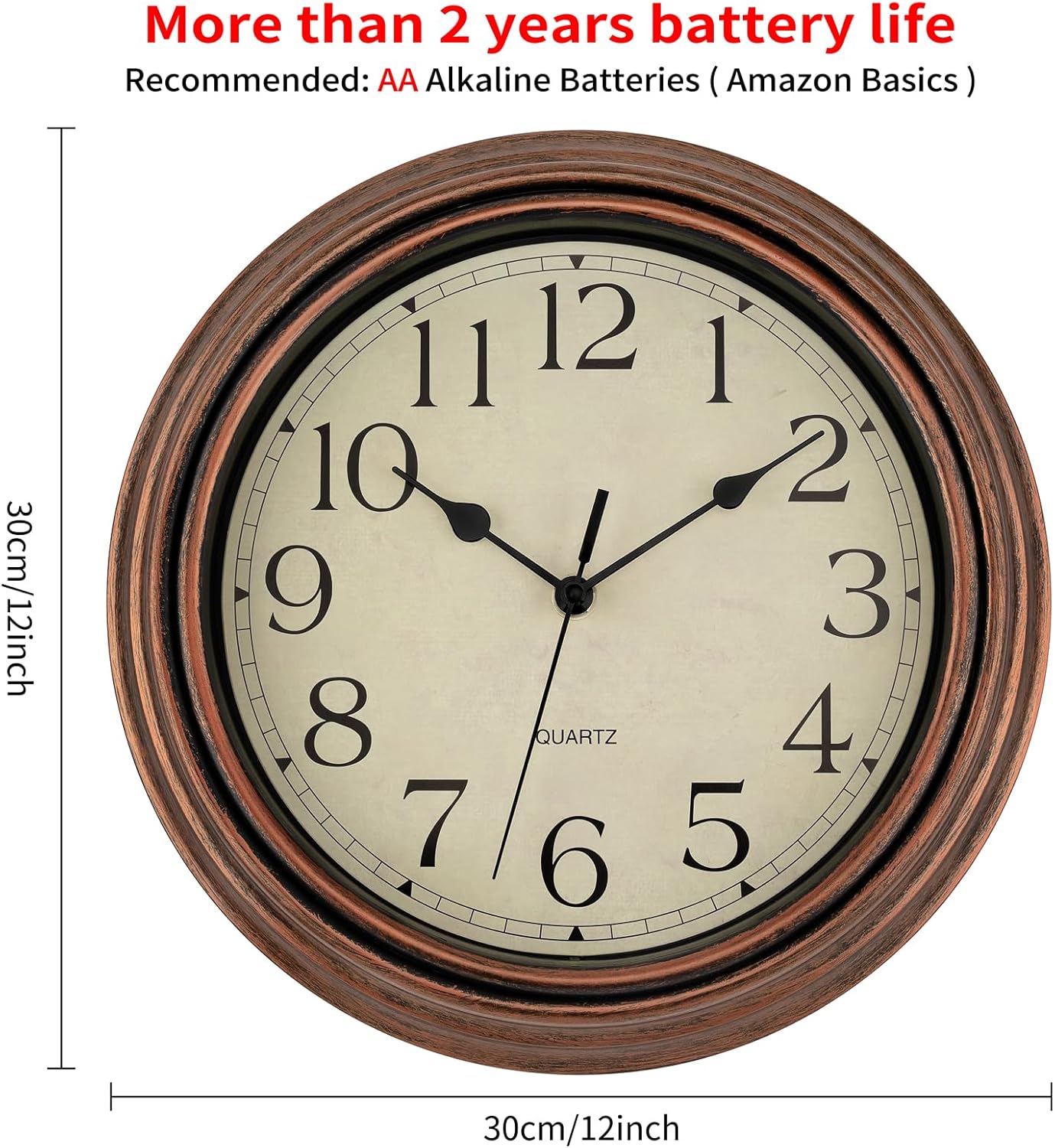 Foxtop Retro Silent Non-Ticking Round Classic Clock Quartz Decorative Battery Operated Wall Clock for Living Room Kitchen Home Office 12 Inch (Bronze)