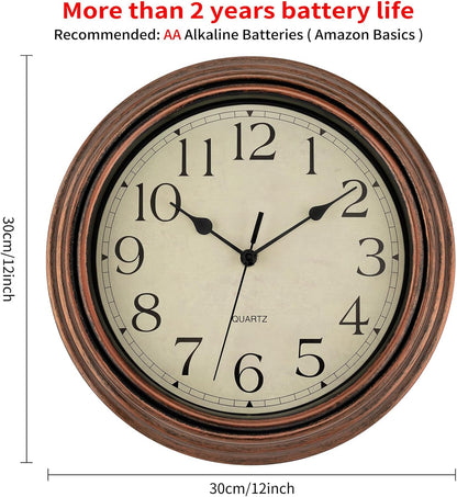 Foxtop Retro Silent Non-Ticking Round Classic Clock Quartz Decorative Battery Operated Wall Clock for Living Room Kitchen Home Office 12 Inch (Bronze)