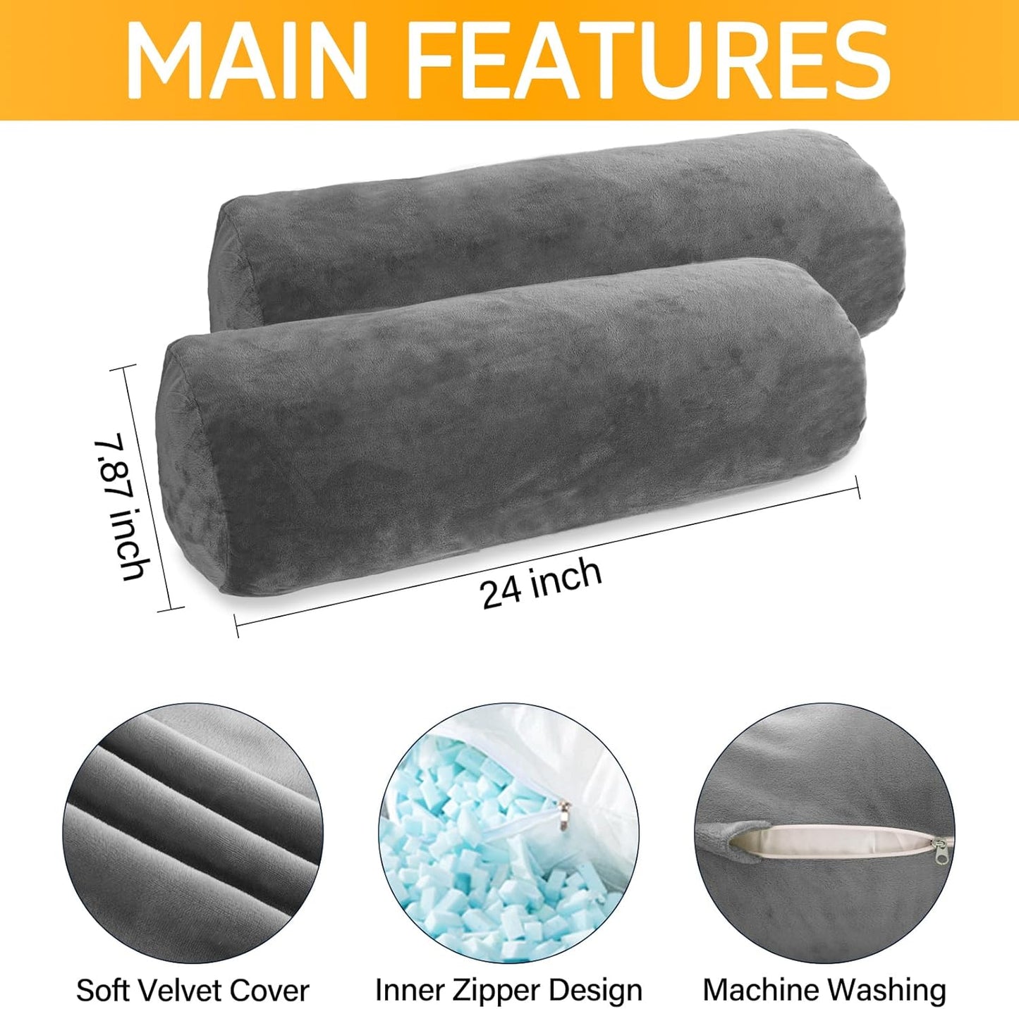1 MIDDLE ONE Body Pillow, Memory Foam Body Pillows for Adults Sleeping, Decorative Bolster Pillow for Bed & Couch, Long Cylinder Tube Round Pillow, 24x7.87 Inches, Set of 2 (Light Grey)