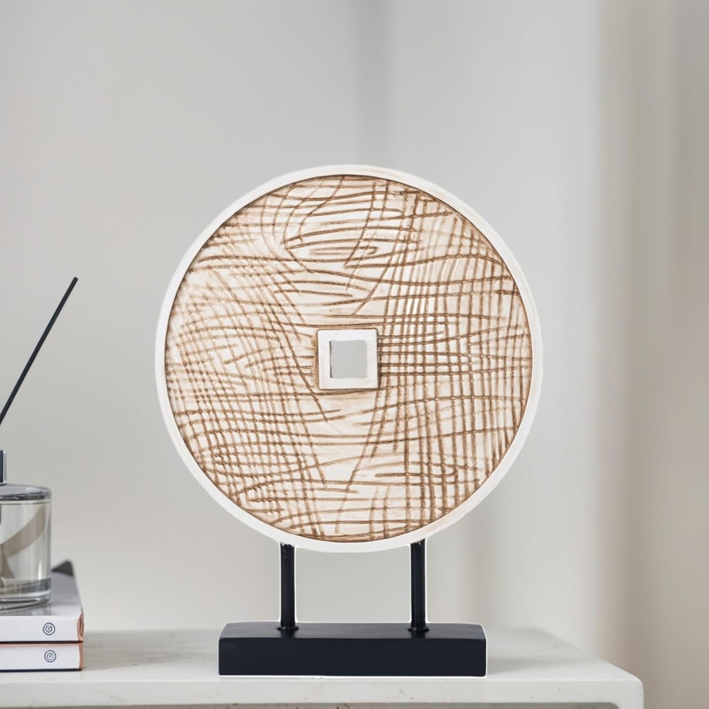 Unique Round Coin Sculpture Decorative Objects for Shelf Home Decor Accents, Modern Abstract Tabletop Decor Items for Living Room Fireplace Mantel, Above Cabinet (Black)
