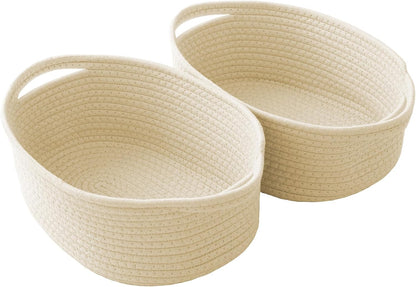 JMvicyroam Woven Basket,Small Rope Storage Bin with Handles & Ribbon Bag, Organizer for Shelves Closets,Gift Basket Empty for Birthday,Books,Dog Toys,White