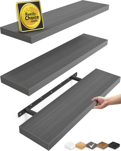 BAYKA Floating Shelves for Wall, Set of 3, Wall Mounted Rustic Wood Shelves for Bathroom, Bedroom, Living Room, Kitchen, Small Hanging Shelf for Books/Storage/Room Decor, Walnut-Like, 15.7in