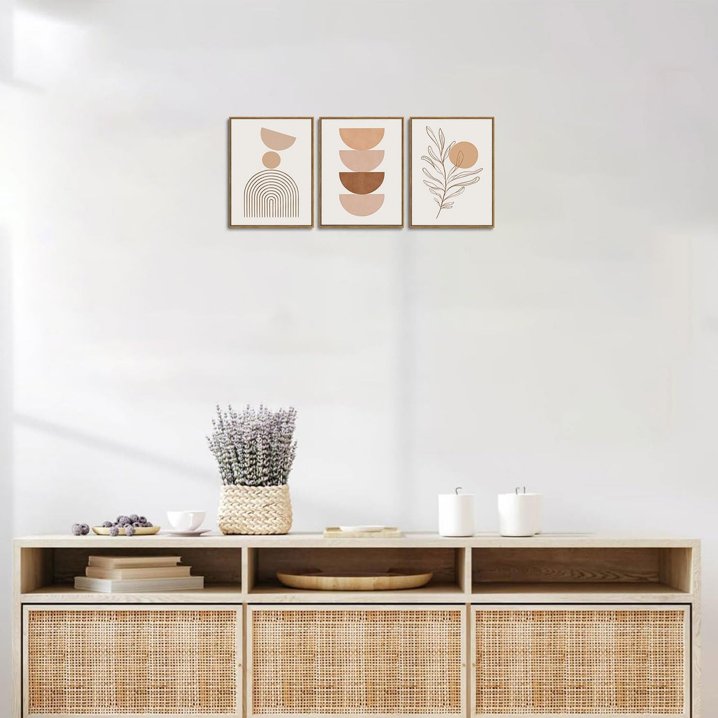 Bwodke Boho Wall Art, Framed Abstract Wall Art, Green Botanical Neutral Canvas Wall Decor, Large Mid Century Plant Pictures Set of 3, Modern Minimalist Paintings, for Bedroom Living Room Bathroom