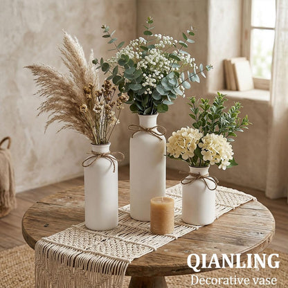 Blue Ceramic Vase Set - 3 Blue Small Vases, Farmhouse Country Flower Vase Home Decor, Living Room Decoration, Table Decoration, Fireplace Decor, and Entrance Decorations Centerpieces