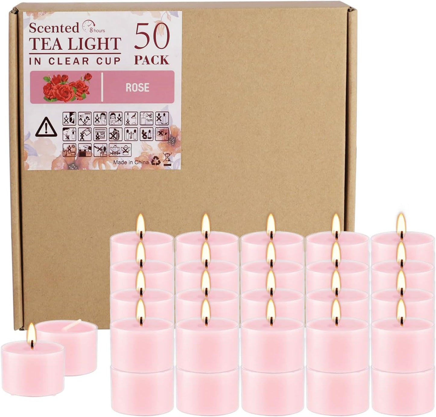 Rose Scented Candle Tealight Candles in Clear Cup, 8 Hours Consistent Smkless Clean Burning, Great for Valentine's Day Holiday, Wedding, Spa, Emergency and Home Decoration（Pink，50 Pack）