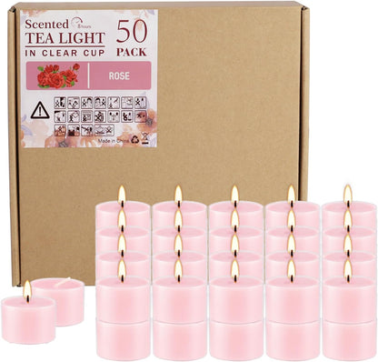 Rose Scented Candle Tealight Candles in Clear Cup, 8 Hours Consistent Smkless Clean Burning, Great for Valentine's Day Holiday, Wedding, Spa, Emergency and Home Decoration（Pink，50 Pack）
