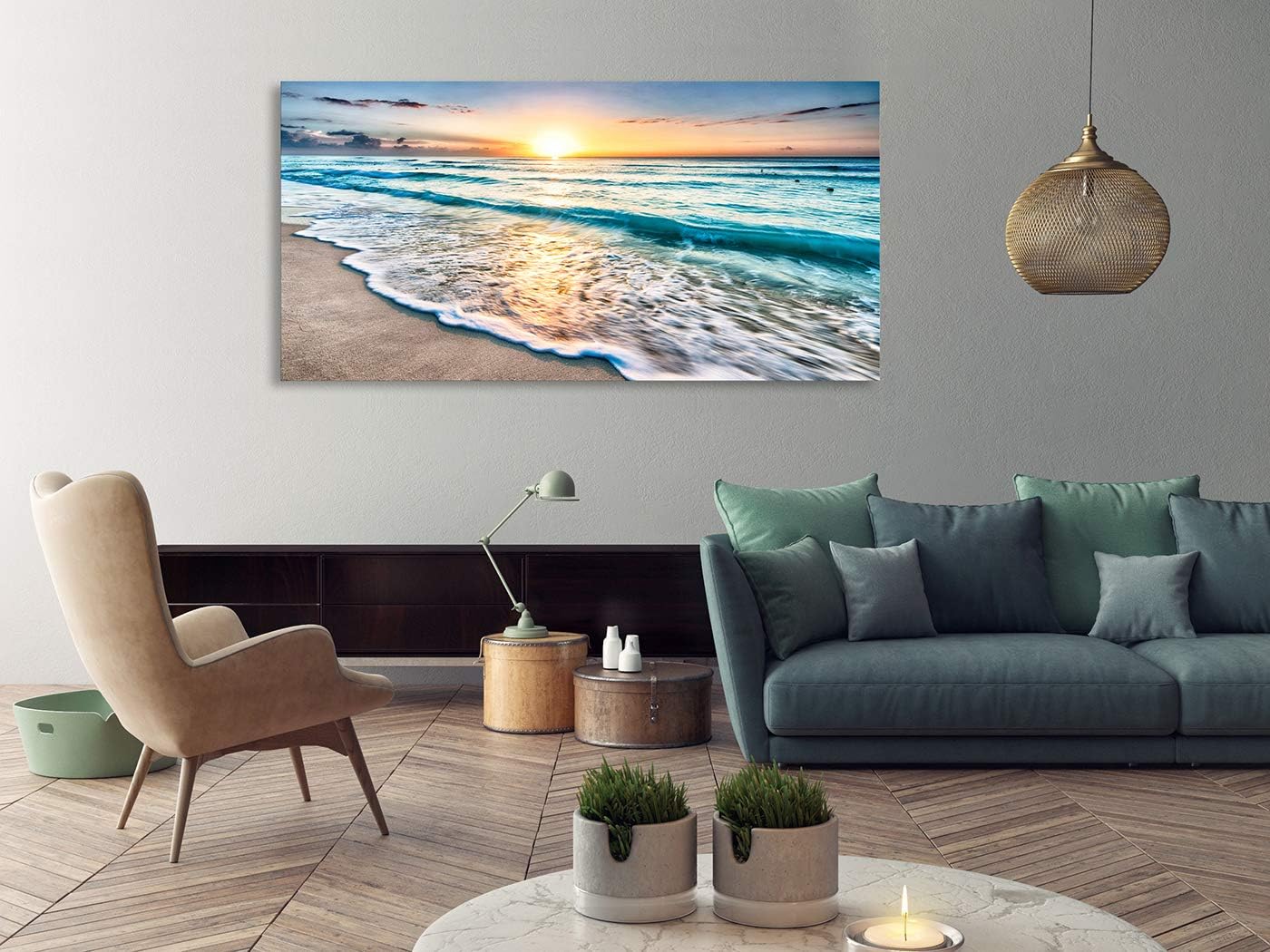 Baisuart S02250 Canvas Prints Wall Art Beach Sunset Ocean Waves Nature Pictures Stretched Canvas Wooden Framed for living Room Bedroom and Office