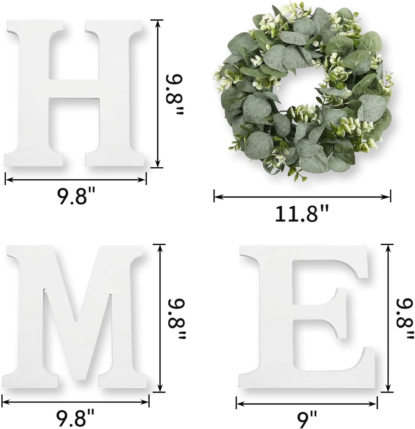Pinkpum Wood Home Sign with Artificial Eucalyptus Wreath for O, Hanging Farmhouse Wall House Decor Wood Letters for Wall Art Rustic Home Decor, Wall Decor for Living Room Kitchen Entryway (Black)