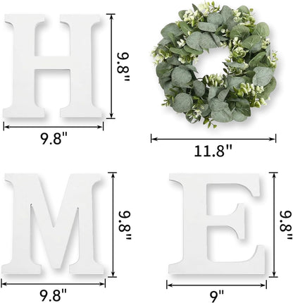 Pinkpum Wood Home Sign with Artificial Eucalyptus Wreath for O, Hanging Farmhouse Wall House Decor Wood Letters for Wall Art Rustic Home Decor, Wall Decor for Living Room Kitchen Entryway (Black)