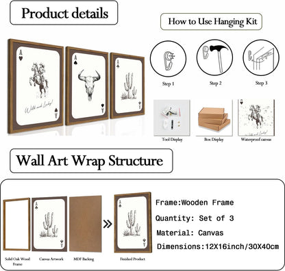 Western Wall Art Set of 3, Southwestern Cowboy Playing Card Wall Decor, Longhorn Bull Skull and How Lucky are We Poster Canvas Painting Prints for Bedroom Living Room 12x16 inch Wood Framed