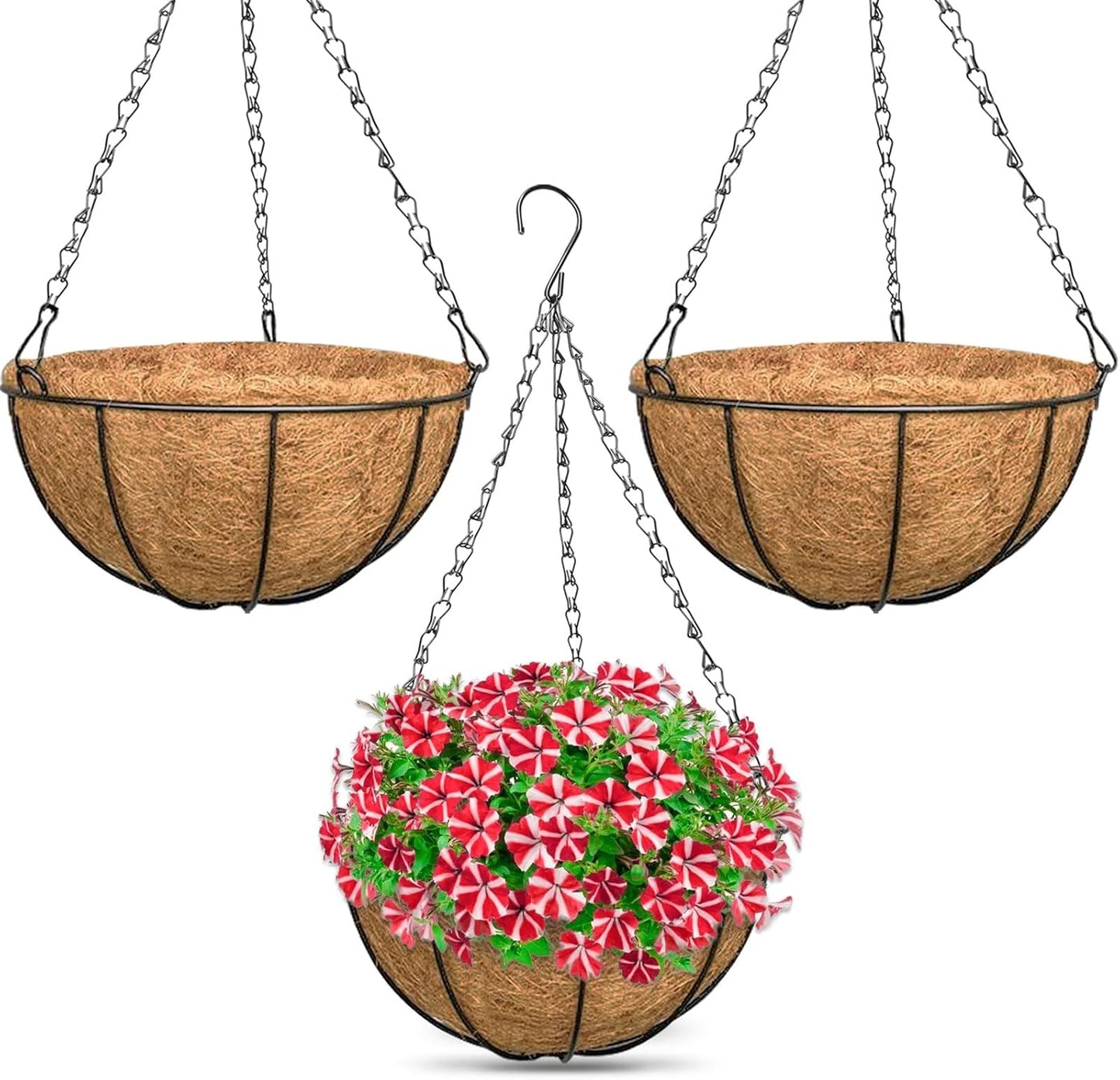 ZeeDix 2 Pack 14 Inch Hanging Baskets for Plants Outdoor, Metal Wire Round Planters with Coco Liner, Hanging Flower Baskets for Home Garden Porch Balcony Railings Decor