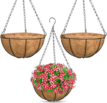 ZeeDix 2 Pack 14 Inch Hanging Baskets for Plants Outdoor, Metal Wire Round Planters with Coco Liner, Hanging Flower Baskets for Home Garden Porch Balcony Railings Decor