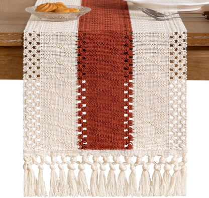 Socomi Boho Table Runner Summer Farmhouse Rustic Dining Kitchen Centerpiece Decor Small Macrame Woven Cotton Linen Coffee Table Runner for Dresser Scarf Home Decor 12x36 inch Beige