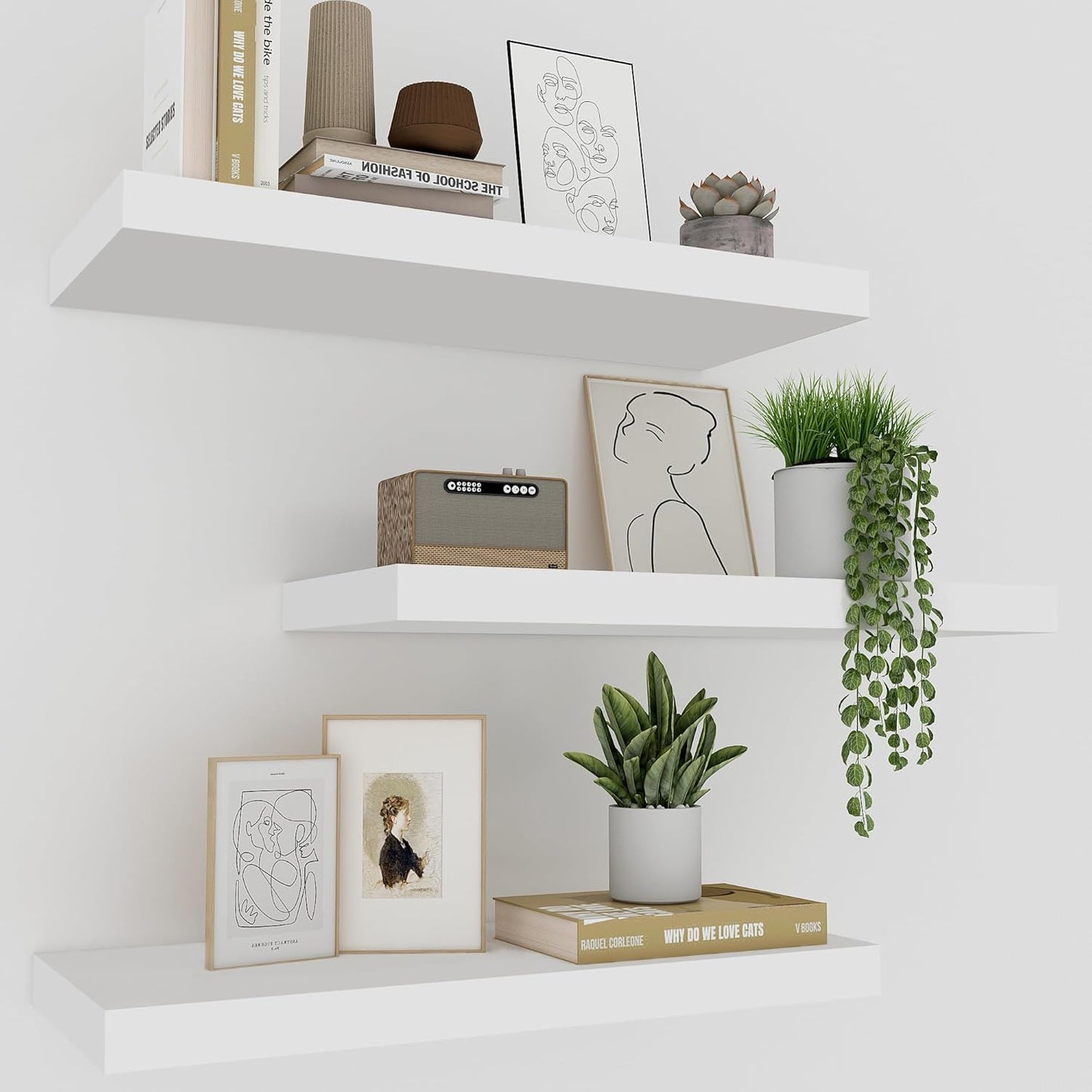 Upassion White Floating Shelves - Set of 3, 16" Wall Mounted Shelves for Home Decor, Living Room, Bedroom, Bathroom, Kitchen