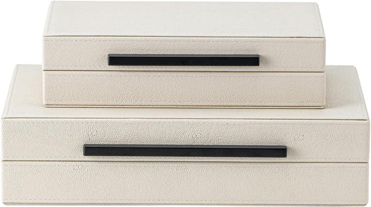 XIGEXIGE Set of 3 Beige Shagreen Decorative Storage Boxes with Black Metal Handles –Faux Leather Large Modern Stackable Nesting Jewelry Box with Lids Organizer