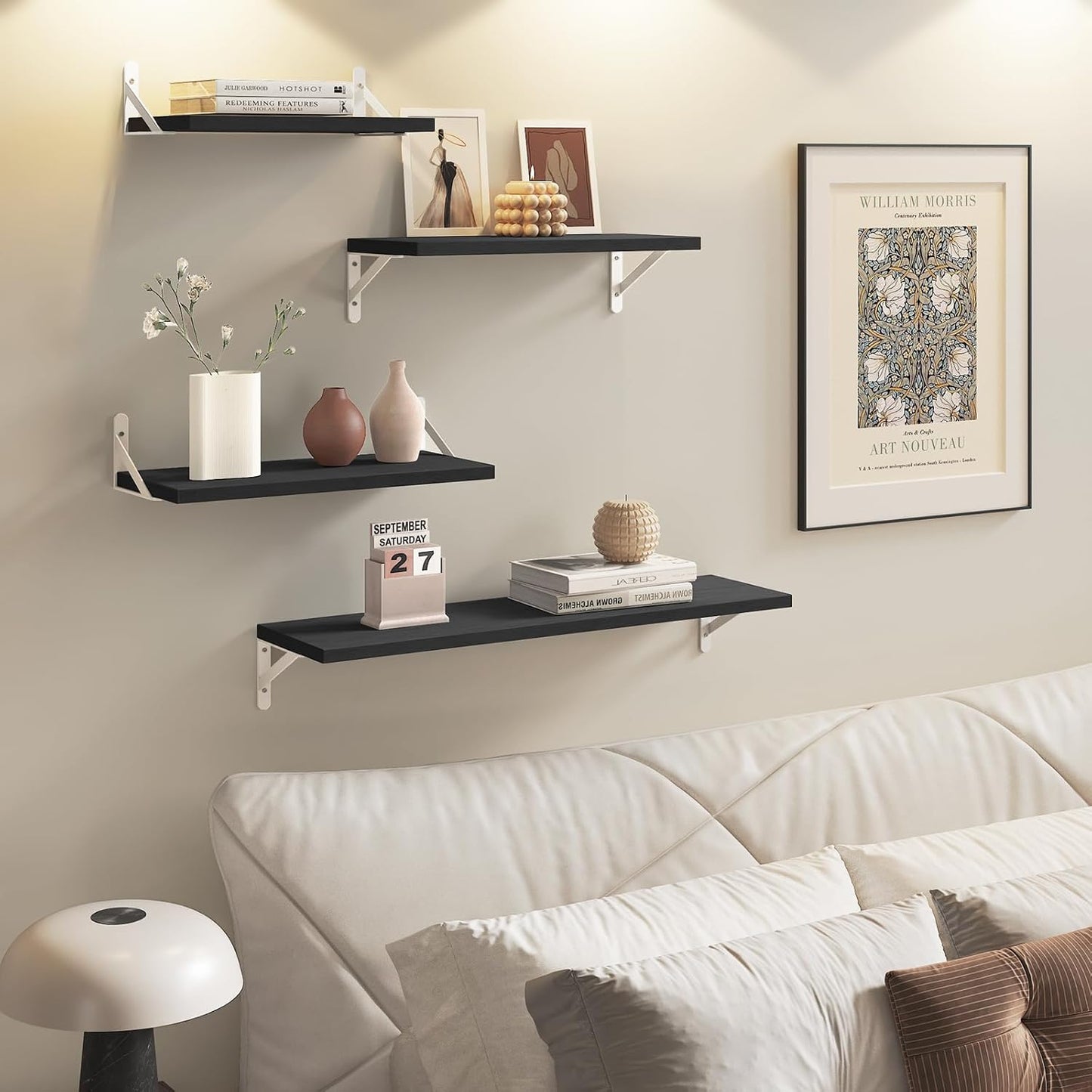 YGEOMER Floating Shelves for Wall, Different Sizes Dark Carbonized Brown Wall Shelves for Living Room, Bathroom, Bedroom, Kitchen, Home Decor (Set of 4)