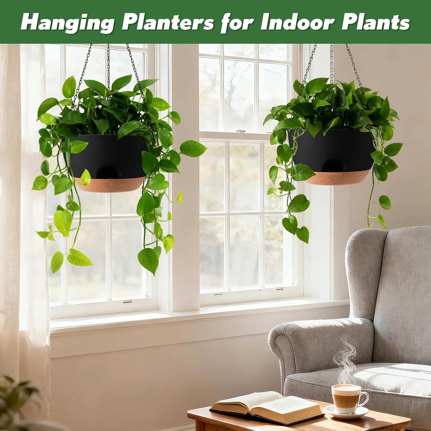 3-Piece Set of 10-Inch Hanging Planters with Automatic Watering System and Drip Tray, Includes Metal Chain, Suitable for Various Indoor and Outdoor Plants and Flowers, Green Brown
