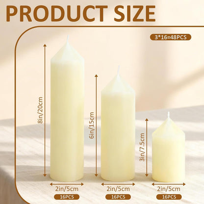 12-Pack Ivory Unscented Pillar Candle Set - 2x3, 2x6, 2x8-inch Long-Burning Drip-Free Tapers, 4 Per Size. Ideal for Home Decor, Weddings, Emergencies, and Holidays.