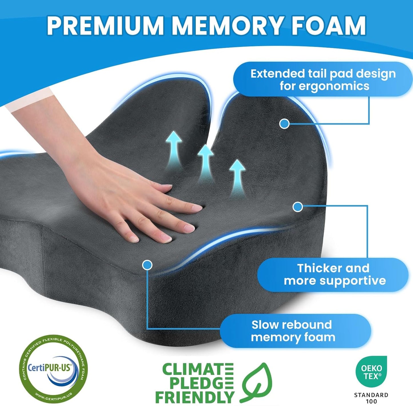 CushZone Seat Cushion, Ergonomic Memory Foam Seat Cushions for Office Chairs, Car, Long Trip, Desk Chair, Lab, Extra Large Size for Sciatica & Hip & Tailbone Pain Relief, Sciatica Support (Black)
