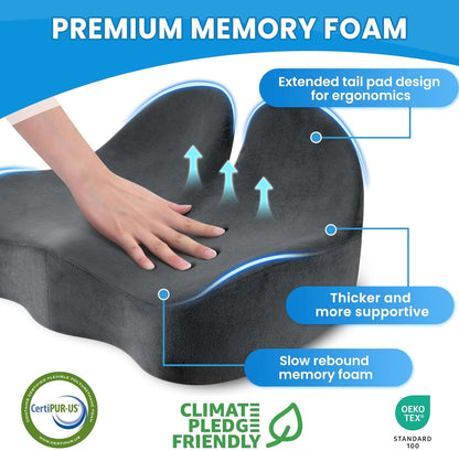 CushZone Seat Cushion, Ergonomic Memory Foam Seat Cushions for Office Chairs, Car, Long Trip, Desk Chair, Lab, Extra Large Size for Sciatica & Hip & Tailbone Pain Relief, Sciatica Support (Black)