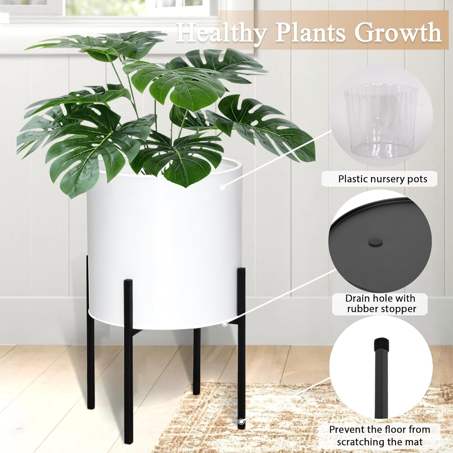 ARNIS Modern Plant Pots, Set of 2 Large Planters with Stand, Decorative Planters, Metal Pots with Drainage Holes for Living Room, Office, Garden or Balcony, 8.25 &10.5 Inch, Dirt