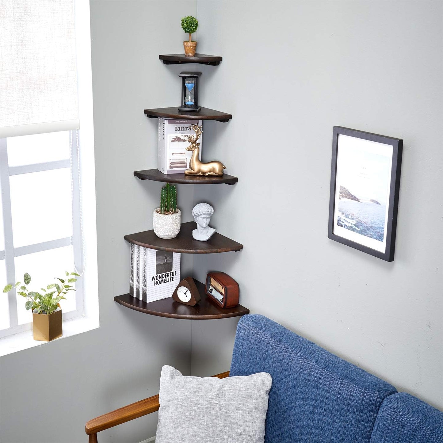Corner Shelves, Floating Corner Shelf, Set of 2 7inch Solid Oak Wood Wall Shelves, Round End Wall Mount with Wire Hole Shelving for Small Plant for Bedroom Kitchen, Living Room