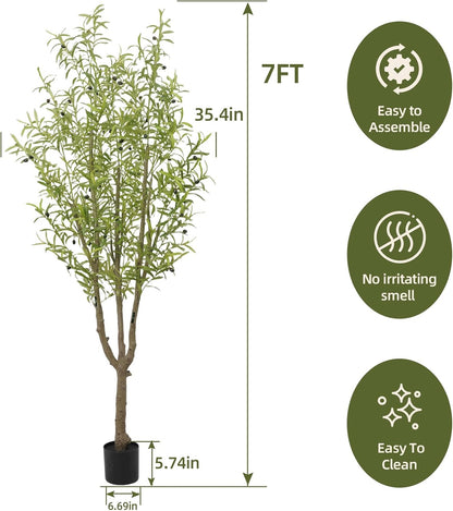 Artificial Olive Tree 7FT, Faux Olive Tree Indoor with Natural Wood Trunk & Dense Leaves, Tall Fake Olive Tree for Living Room, Office, Entryway Decor