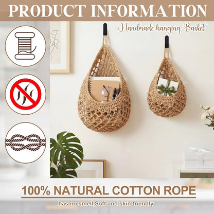 Honeydak Boho Decor Hanging Wall Baskets for Kitchen 3 Pack Teardrop Baskets with Hooks Storage Fruit Onion Vegetable Potato for Home 3 Sizes(Linen,Teardrop,Jute)