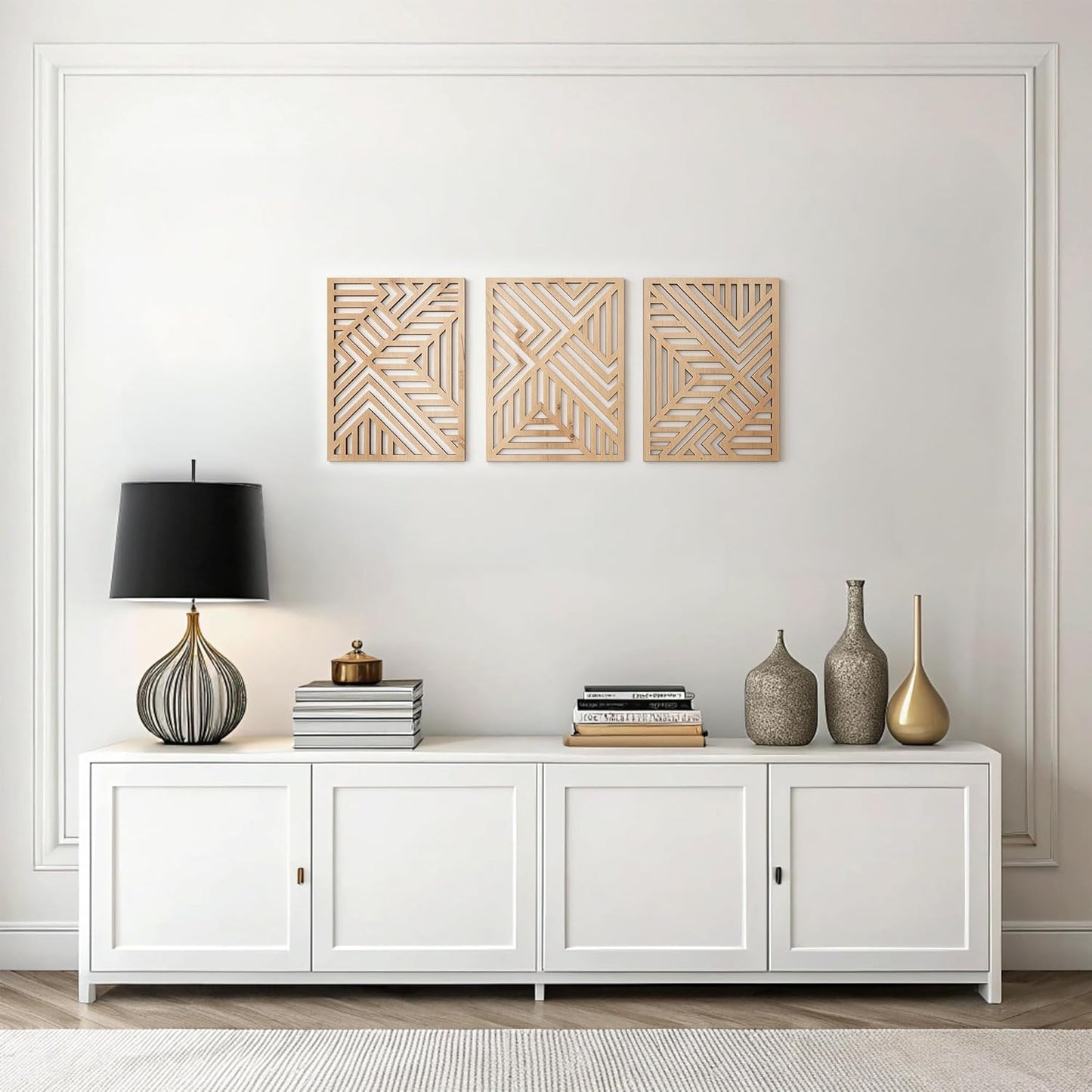 qmmp Modern Wooden Wall Sculptures - Set of 3 - Home Decor Accent - Large Wall Art for Living Room, Bedroom, Office - Easy Installation (Oak, Medium - Mountain and Sun)