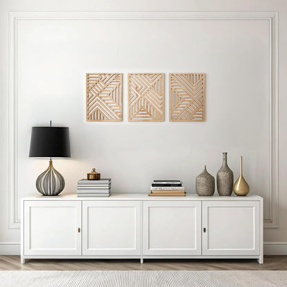 qmmp Modern Wooden Wall Sculptures - Set of 3 - Home Decor Accent - Large Wall Art for Living Room, Bedroom, Office - Easy Installation (Oak, Medium - Mountain and Sun)
