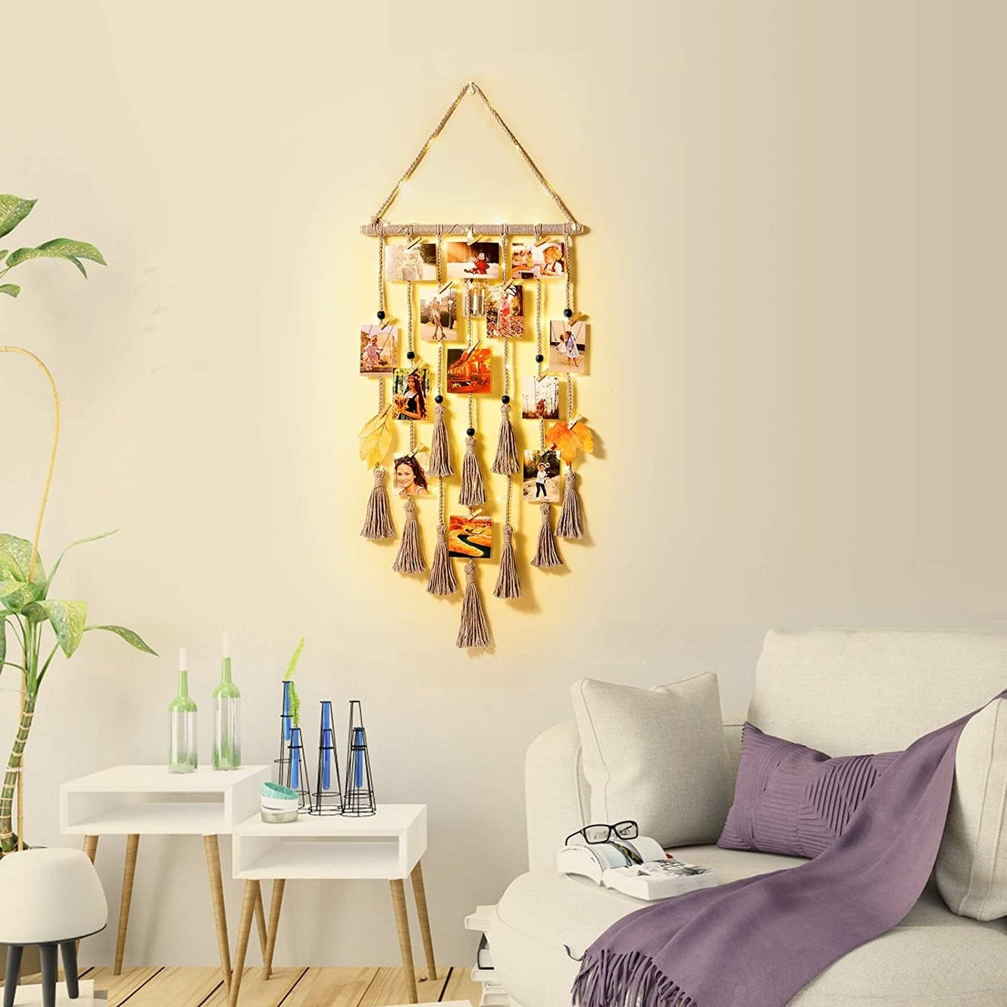 Homecor Hanging Photo Display Wall Decor, Macrame Wall Hanging Boho Room Bedroom Decor, Picture Frame Collage Board with Light 30 Clip, Christmas Teenage Teen Girl Gifts Ages 10 11 12 13 14 Years Old